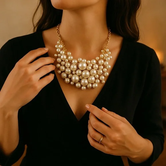 Elegant Pearl and Gold Statement Necklace - Picture 5 of 6
